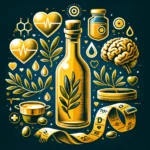 Illustration showing olive oil's benefits for health, with symbols of the Mediterranean diet, a heart, and a brain, emphasizing its role in promoting heart health, cognitive function, and well-being
