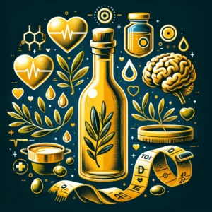 Illustration showing olive oil's benefits for health, with symbols of the Mediterranean diet, a heart, and a brain, emphasizing its role in promoting heart health, cognitive function, and well-being