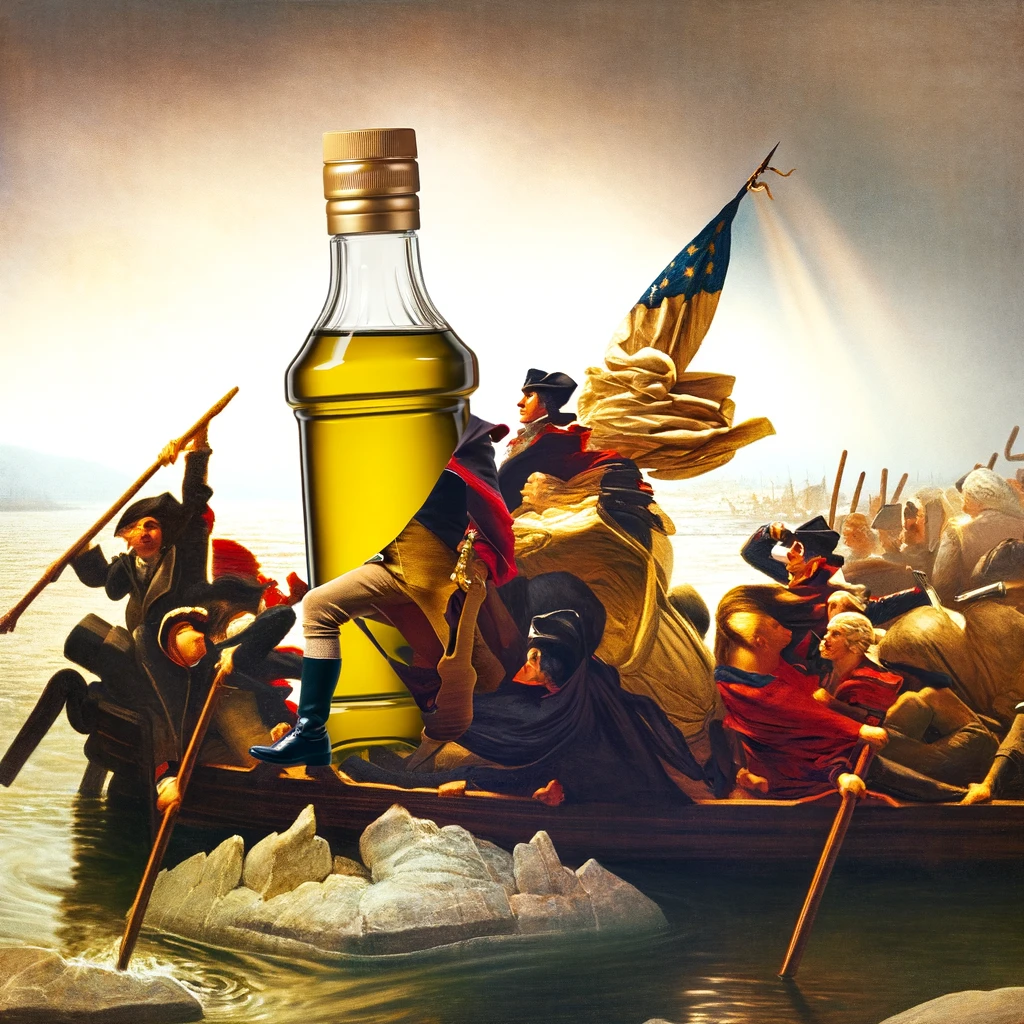 A classic art-inspired image showing a bottle of olive oil in a triumphant pose similar to George Washington, symbolizing olive oil's leadership in health and wellness
