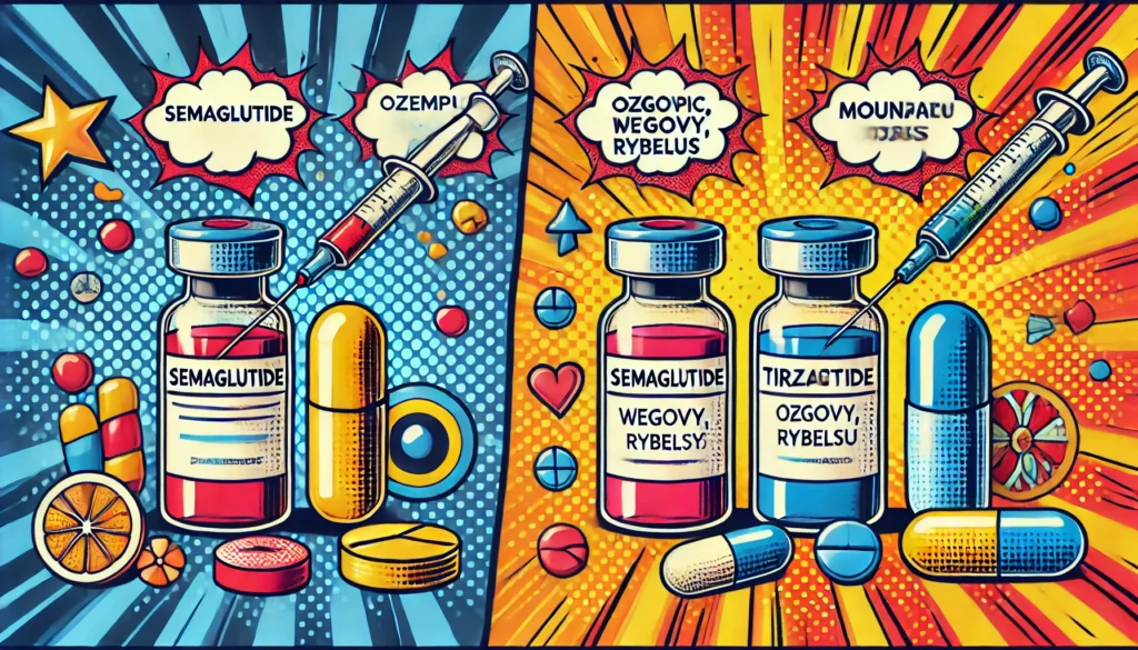 A vibrant pop art style image featuring two stylized vials, one labeled Semaglutide (Ozempic, Wegovy, Rybelsus) and the other labeled Tirzepatide (Mounjaro), with bold syringe and pill icons against a comic book-inspired burst background in red, yellow, and blue.