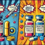 A vibrant pop art style image featuring two stylized vials, one labeled Semaglutide (Ozempic, Wegovy, Rybelsus) and the other labeled Tirzepatide (Mounjaro), with bold syringe and pill icons against a comic book-inspired burst background in red, yellow, and blue.