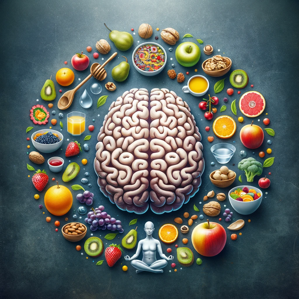 A composition highlighting mindful eating for Alzheimer's prevention, featuring a meditative figure, a healthy brain surrounded by fruits, vegetables, nuts, and set against a tranquil natural backdrop, emphasizing diet and mindfulness in maintaining cognitive health.