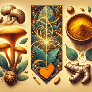 Illustration of natural remedies for dementia, including lion's mane mushrooms, turmeric powder, ginger roots, green leaves, and glowing energy patterns representing holistic healing