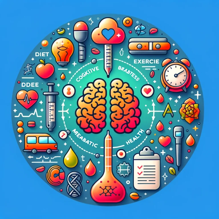 An engaging illustration highlighting the importance of glucose management through diet, exercise, and mindfulness for cognitive and metabolic health, featuring symbols that represent a healthy brain, vibrant body, and balanced lifestyle.