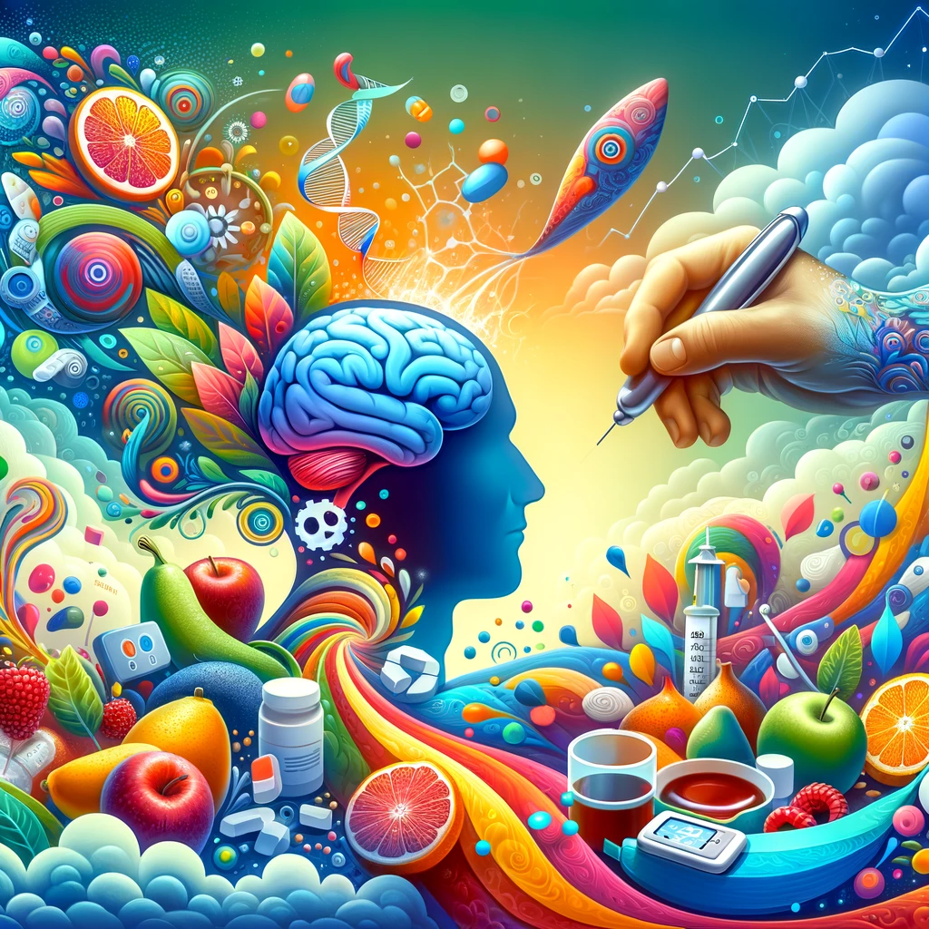 A dynamic and colorful illustration highlighting a holistic approach to glucose management, featuring elements of healthy eating, physical activity, and mental wellness, symbolizing the positive lifestyle impact on cognitive and metabolic health