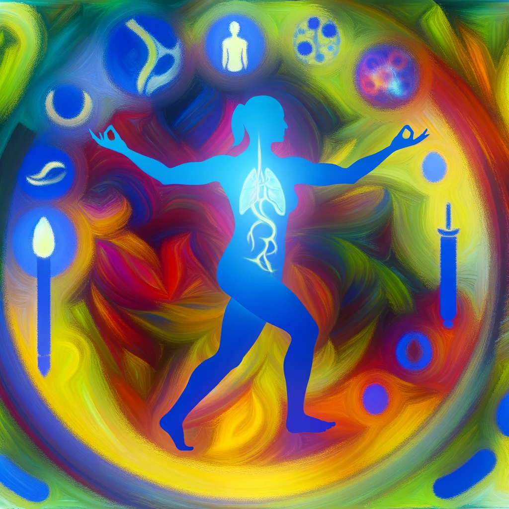 A vibrant and energetic illustration depicting the holistic approach to managing glucose, with visual elements representing balanced nutrition, regular exercise, and mindfulness, emphasizing their collective impact on health and well-being