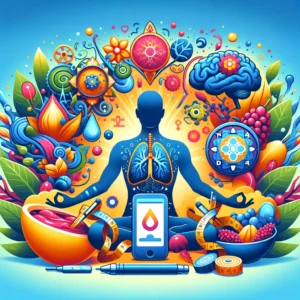 A vibrant and engaging featured image for a blog on holistic glucose management, highlighting the synergy of diet, exercise, and mindfulness for improving cognitive and metabolic health