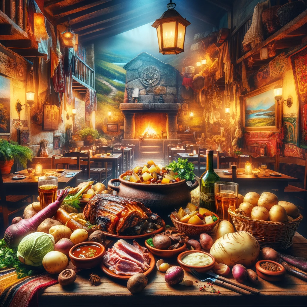 A traditional Galician restaurant setting featuring a rustic table with Cocido Gallego, various meats, turnips, and potatoes, under warm, inviting lighting, embodying the rich culinary culture of Galicia.