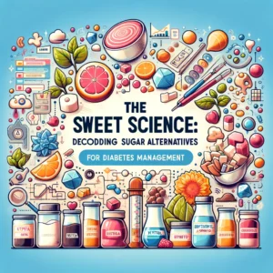 An informative illustration showcasing various sugar alternatives, including Stevia, Xylitol, Erythritol, and Aspartame, with elements indicating their effects on blood sugar levels and health, ideal for a blog post on diabetes management and healthy eating.