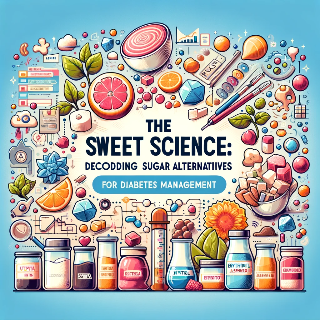 An informative illustration showcasing various sugar alternatives, including Stevia, Xylitol, Erythritol, and Aspartame, with elements indicating their effects on blood sugar levels and health, ideal for a blog post on diabetes management and healthy eating.