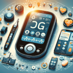 It features a range of technology tools for diabetes management, including a continuous glucose monitor, a smartphone with a diabetes management app, a smart insulin pen, and a fitness tracker, set against a background that blends health and technology themes.