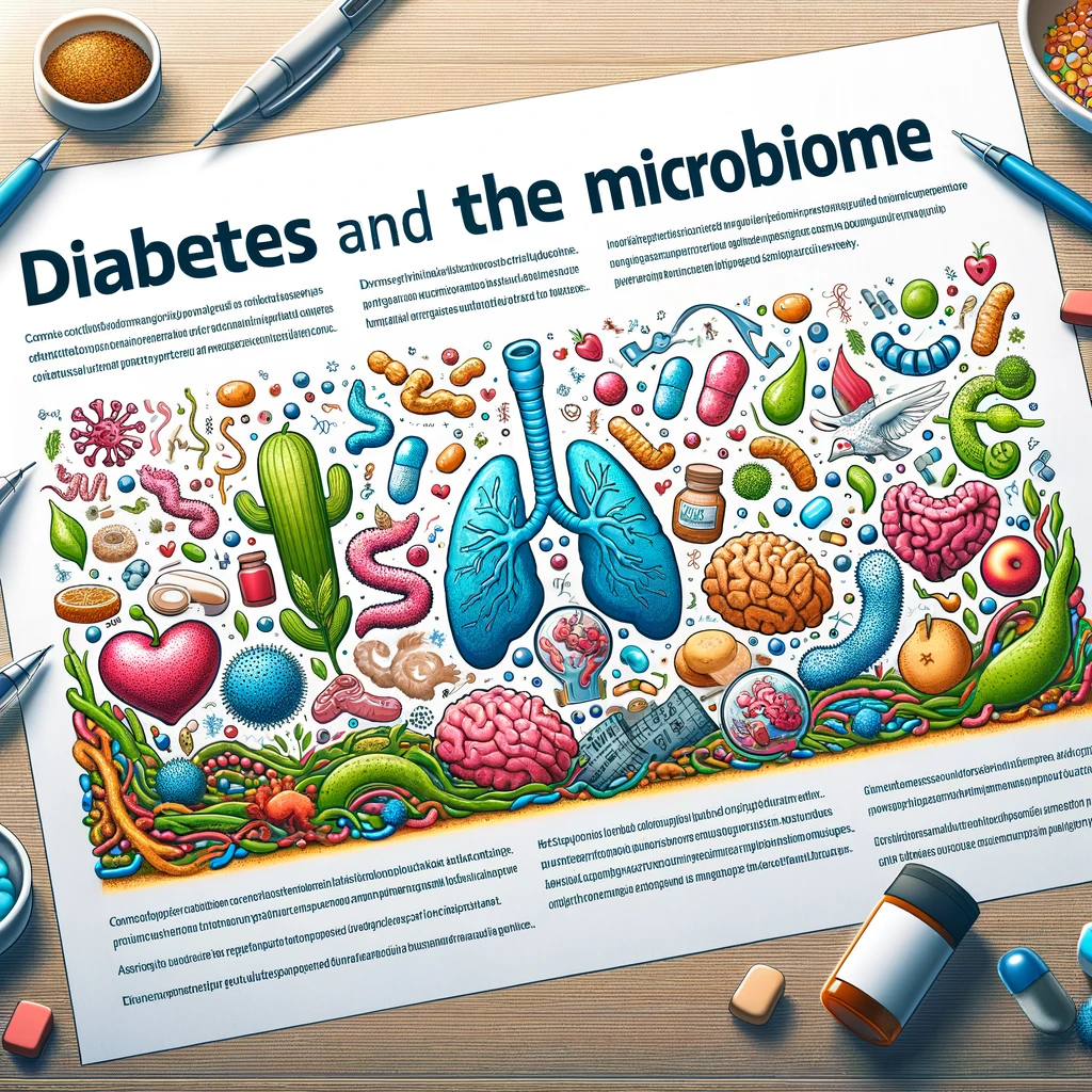 A colorful and informative illustration showcasing diverse gut bacteria and healthy foods that promote gut health, intertwined with elements of diabetes care, symbolizing the positive impact of a healthy microbiome on diabetes management