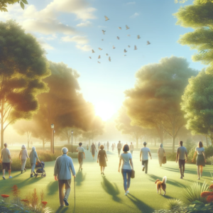 Diverse group of people enjoying a walk in a lush park, with some walking briskly and others leisurely, under a clear blue sky, highlighting the joy and health benefits of walking.