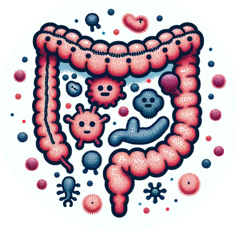 pointillism art style image that depicts gut bacteria in a cute and appealing way, interacting inside an intestine