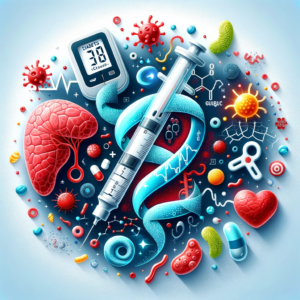 An informative and artistic representation of the diabetes and gut microbiome relationship, featuring symbols of blood sugar control intermingled with illustrations of beneficial gut bacteria, indicative of their role in managing diabetes