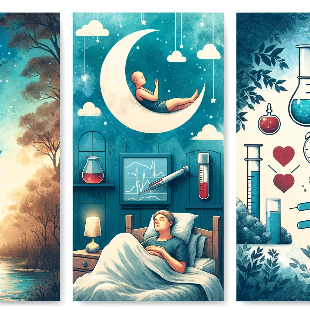 Vintage-style illustration of a person waking refreshed, surrounded by symbols of health, highlighting the rejuvenating benefits of sleep for diabetes management. Minimalist graphic illustration showing sleep's effect on blood sugar regulation, with abstract elements representing a sleeping individual and glucose stability. A watercolor depiction of a tranquil bedroom at night, symbolizing restful sleep with a diabetes care book subtly present, emphasizing the importance of sleep in diabetes management.