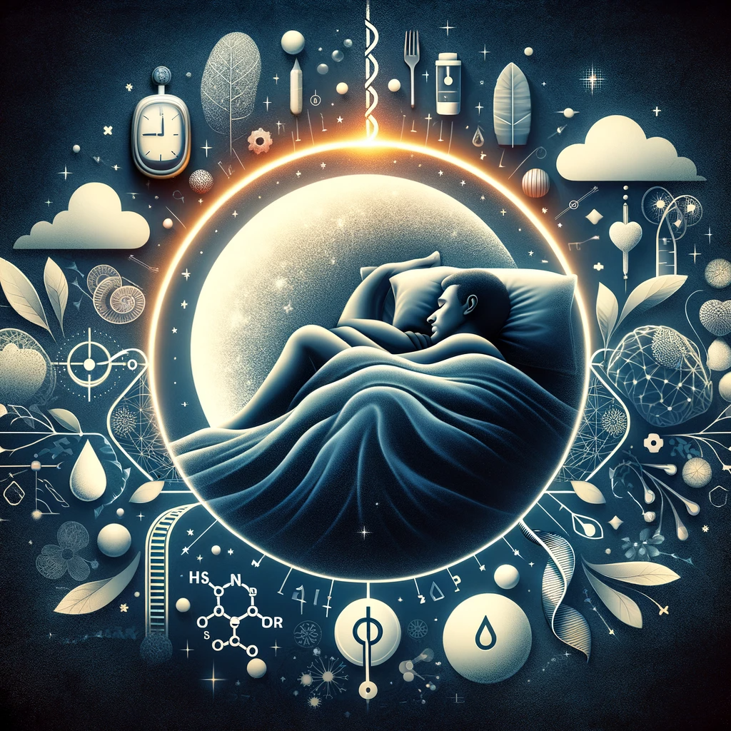 Artistic representation of a person in deep, restful sleep under a serene night sky, with a balanced glucose molecule symbolizing the crucial link between quality sleep and stable blood sugar levels in diabetes care