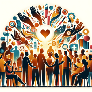 A diverse group of people coming together, symbolizing strength and unity in diabetes support. The image conveys hope, support, and togetherness through elements of empathy and shared experiences in managing diabetes