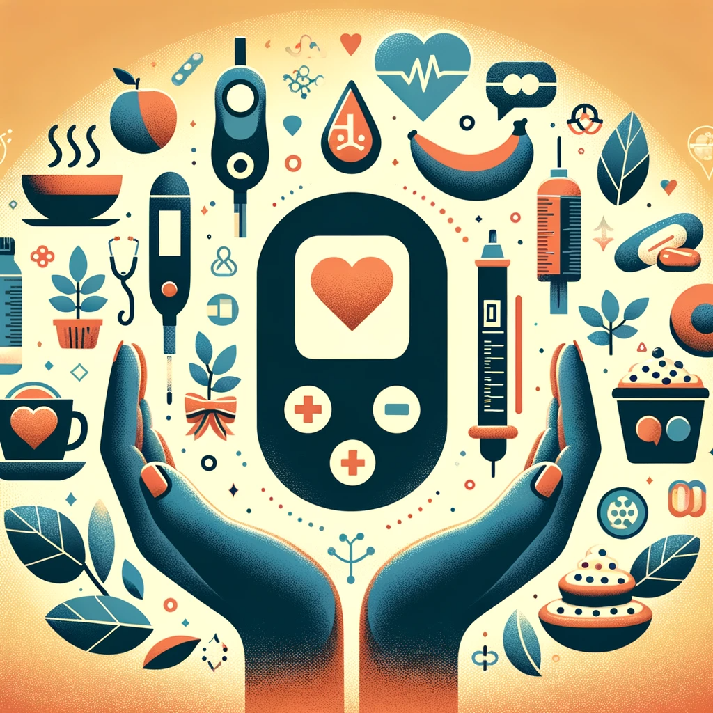 An image blending elements of diabetes care with symbols of emotional support, depicting a circle of individuals united in comfort and understanding, highlighting the importance of emotional bonds in managing diabetes.