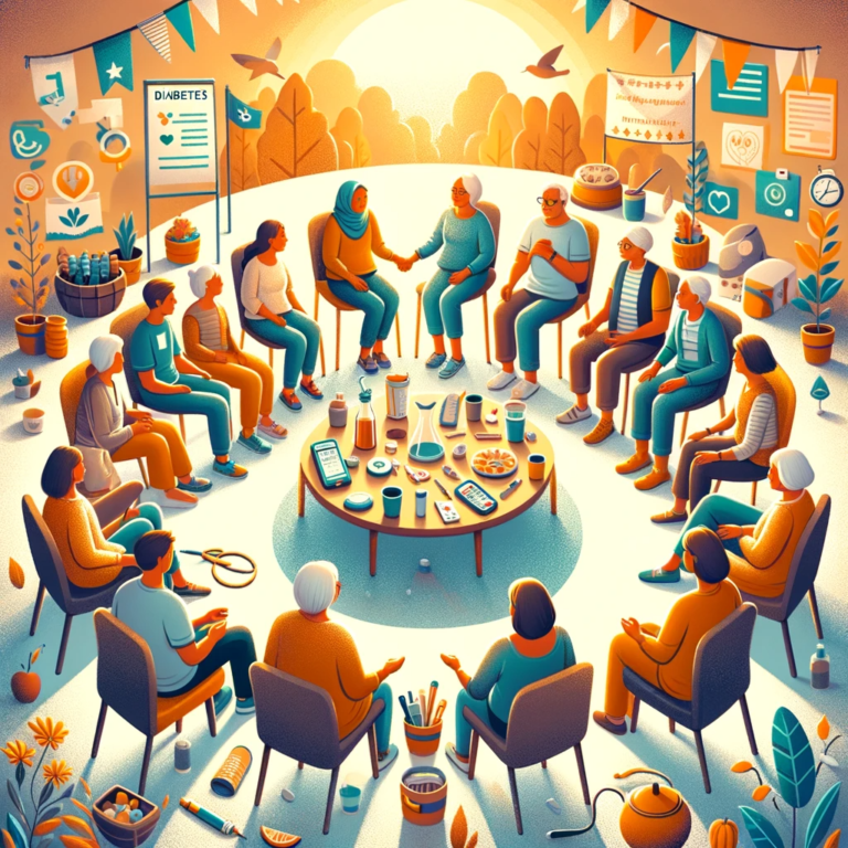 A heartening illustration of a diabetes support group in a warm, welcoming setting, where individuals share experiences and offer guidance, emphasizing the healing power of emotional connections and community support in diabetes care.
