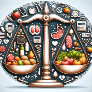 A cover photo depicting balanced scales with healthy foods on one side and healthy adipocytes on the other, surrounded by symbols of exercise and stress management, representing adipocyte management in diabetes care.
