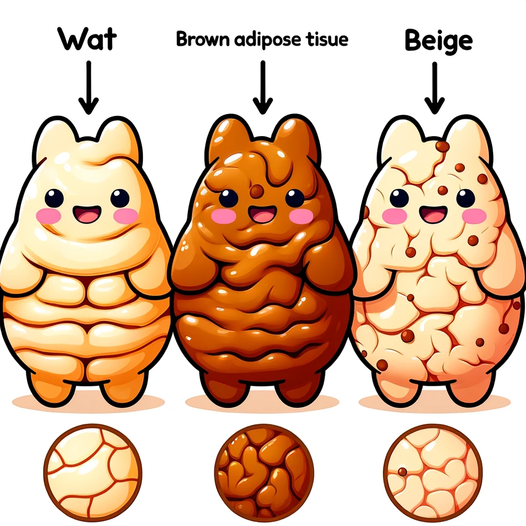 A cartoon-style image depicting three types of adipose tissue: white adipose tissue (WAT) in white, brown adipose tissue (BAT) in brown, and beige adipose tissue in beige, each with distinct visual characteristics
