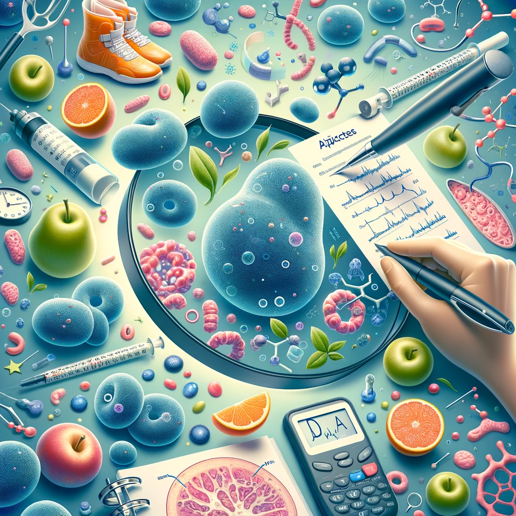 An engaging illustration showing microscopic views of adipocytes, insulin molecules, and symbols of a healthy lifestyle, representing the role of fat cells in diabetes management