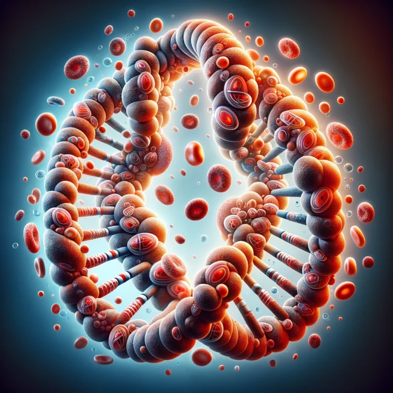 A visually captivating image showcasing the intertwining of a double-stranded DNA helix with adipocyte cells, symbolizing the intricate link between genetic predisposition and adipocyte function in metabolic health