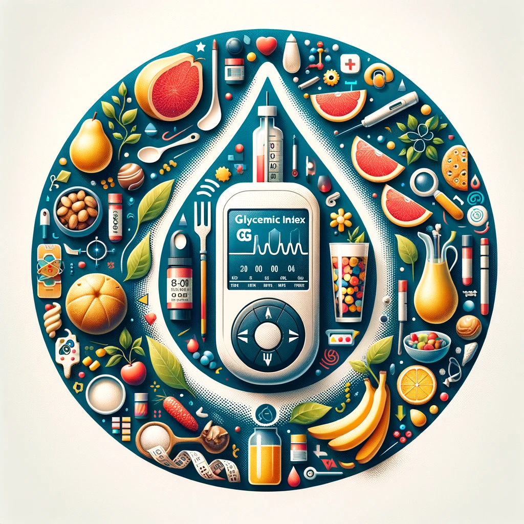 A visually engaging image featuring a variety of healthy foods with low glycemic indexes, a glucose meter in the background, symbolizing the crucial role of making smart carbohydrate choices for diabetes management. The composition highlights the concept of dietary mindfulness and the impact of informed food selections on maintaining optimal blood sugar levels, embodying the essence of proactive diabetes care and metabolic health