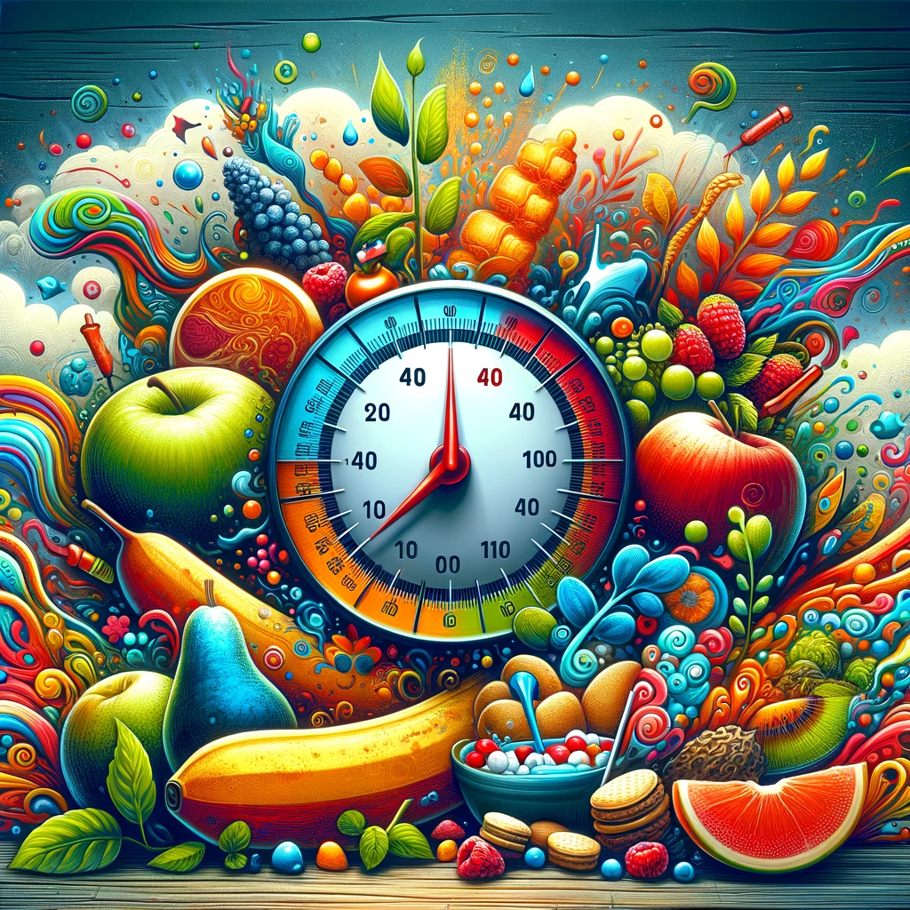 A captivating illustration that marries the concepts of dietary mindfulness and the glycemic index, showcasing a variety of colorful, low-GI foods artistically presented against a backdrop symbolizing blood sugar control. The image blends nutritional science with visual art to engage and educate viewers on making smart carbohydrate choices for diabetes management