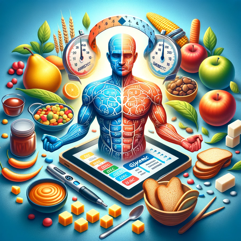 An engaging featured image showcasing the balance between various healthy food choices and the concept of glycemic control, highlighted against a backdrop that symbolizes the importance of dietary decisions in managing diabetes. The composition combines elements of nutrition and wellness in a visually appealing manner to emphasize the impact of the glycemic index on blood sugar stability.