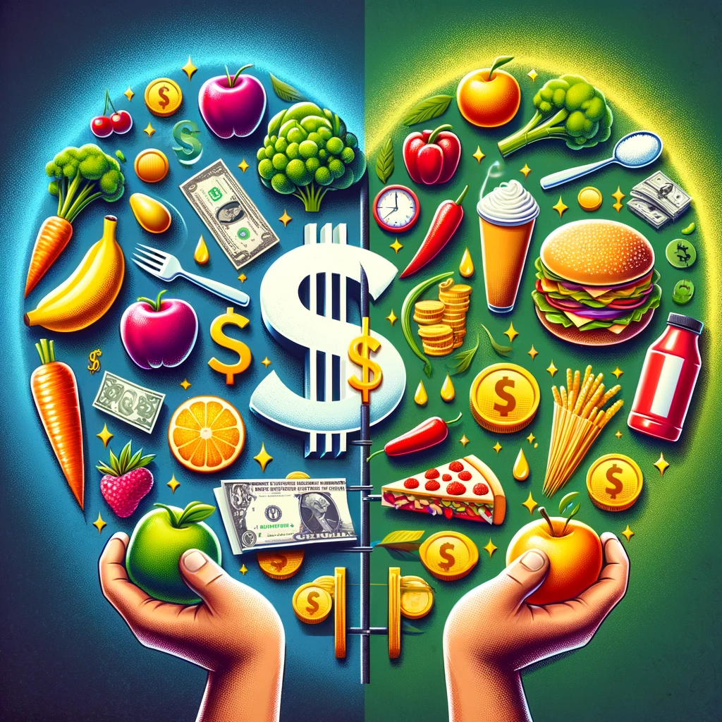 Illustration showing a comparison between healthy lifestyle choices, represented by fruits, vegetables, and exercise equipment, and the allure of fast food and dollar signs, symbolizing the societal dilemma of choosing health over wealth