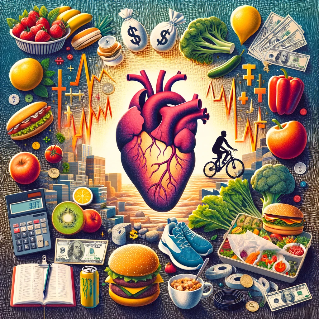 An illustration contrasting healthy lifestyle elements like fruits, vegetables, and exercise equipment with symbols of wealth and fast food, encouraging viewers to prioritize health over financial savings.