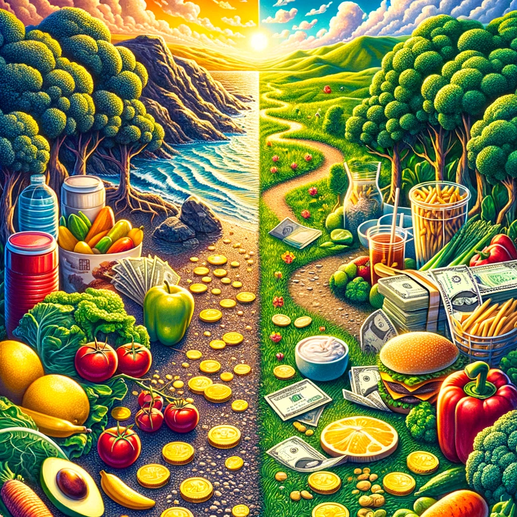 A vibrant illustration depicting the contrast between healthy living choices, symbolized by fruits and vegetables, and the appeal of wealth, represented by fast food and monetary symbols, highlighting the societal pressure between health and financial decisions