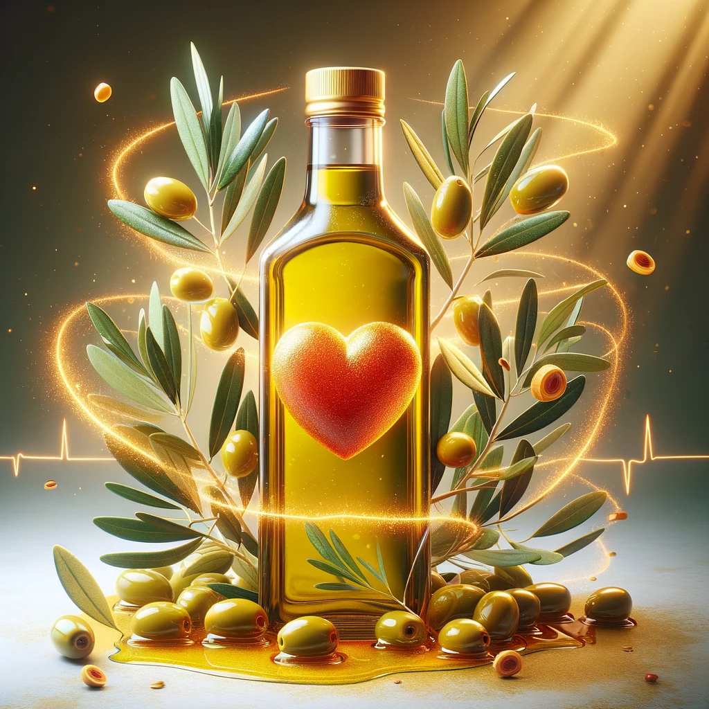 Animated image of extra-virgin olive oil bottle with pulsating heart symbol and swaying olive branches, highlighting its benefits for diabetes management and heart health