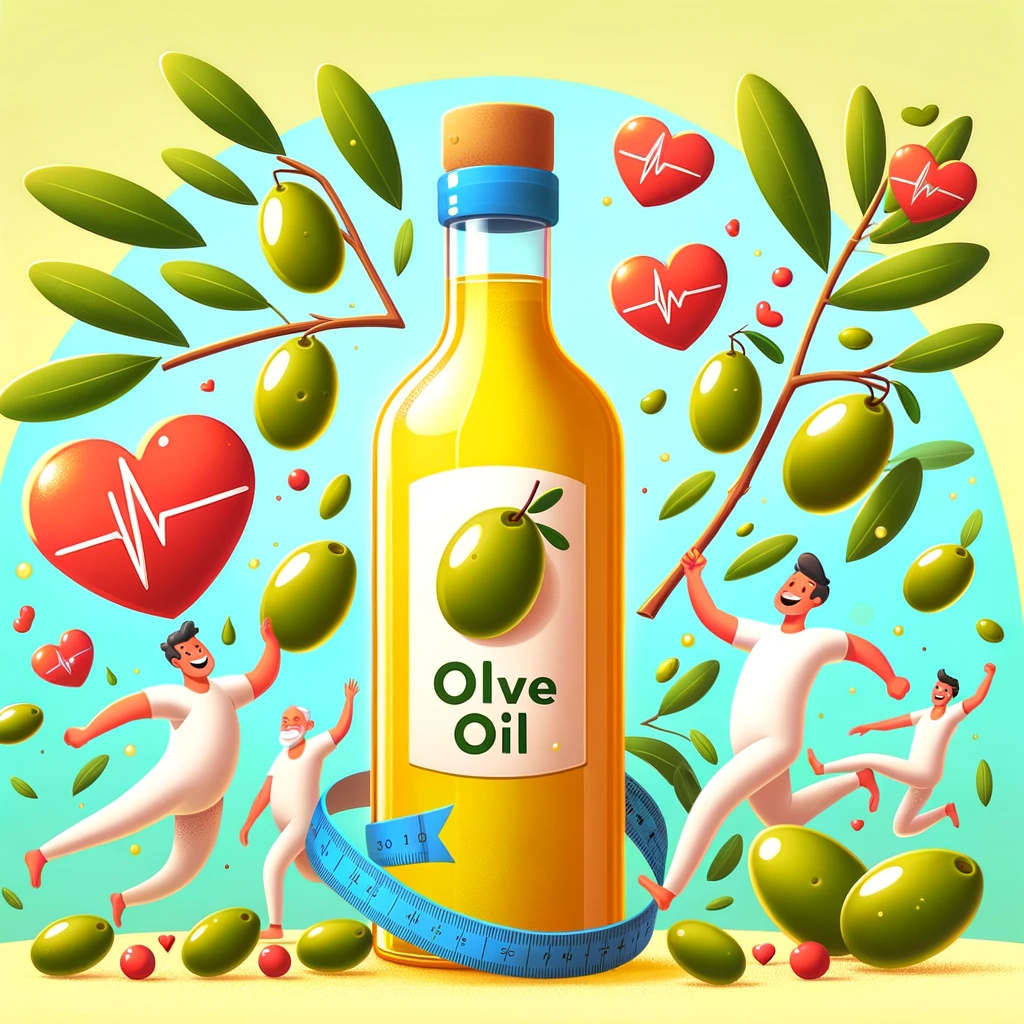 This image brings to life the health benefits of olive oil with a cartoon-style animation. A cheerful bottle of olive oil is surrounded by dancing olive branches, each carrying vibrant olives. Hearts float around to symbolize the cardiovascular benefits, against a backdrop that radiates health and wellness.