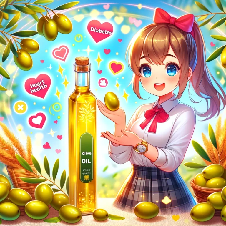 Anime character holding a bottle of olive oil, surrounded by olive branches, symbolizing the health benefits for heart health and diabetes management in a vibrant, positive setting.