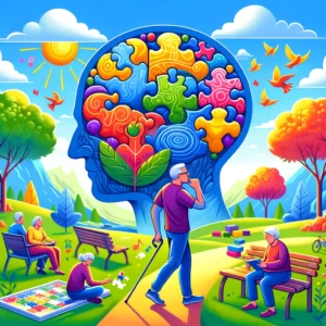 Illustration of individuals engaging in physical and mentally stimulating activities outdoors, including walking, solving puzzles, and reading in a natural setting, promoting mental and physical health to prevent Type 3 Diabetes