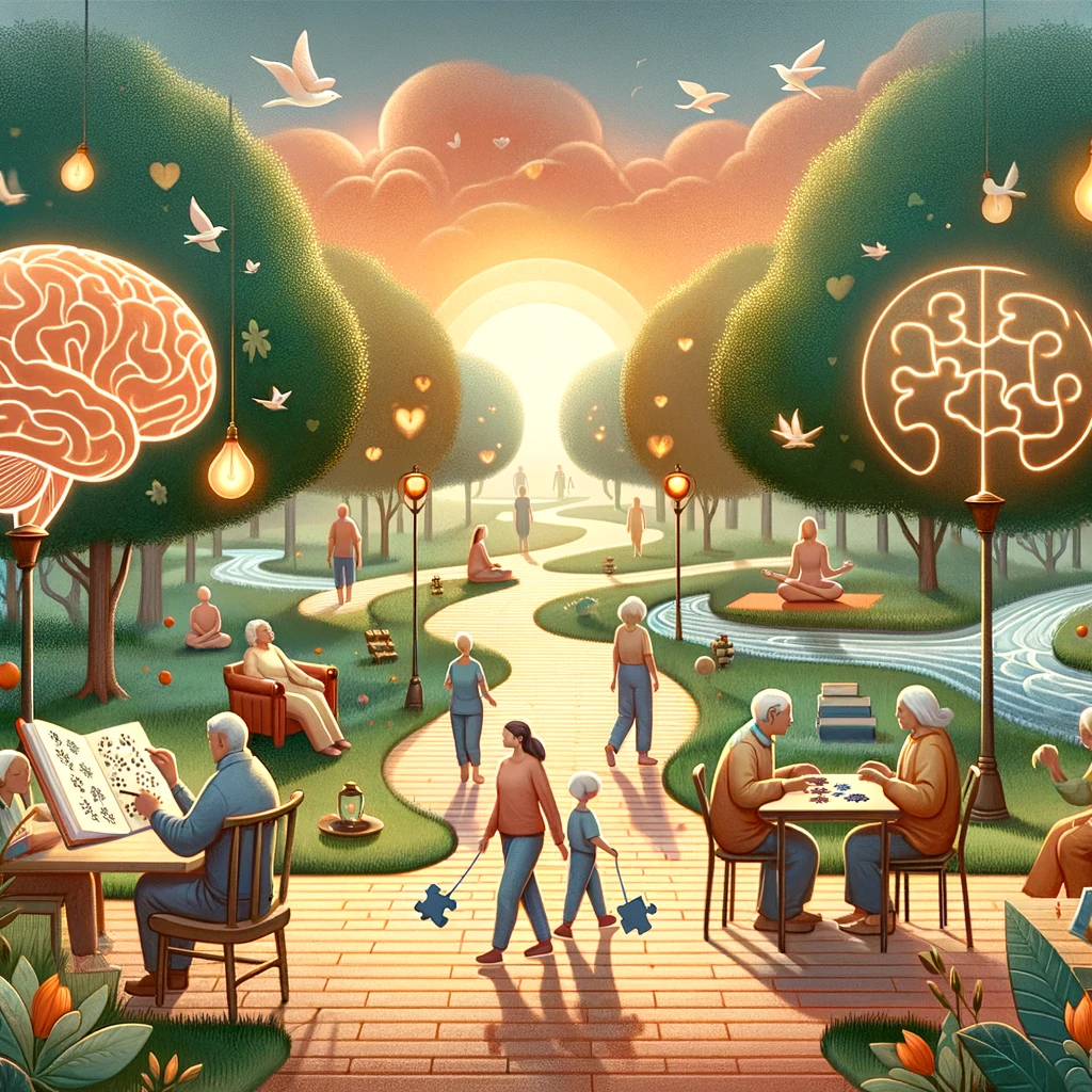 Animated depiction of people on a colorful path, engaging in activities for brain health and diabetes prevention