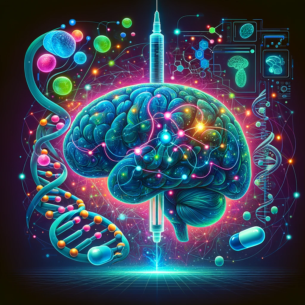 An illustration blending the human brain, insulin molecules, and digital networks to symbolize the concept of Type 3 Diabetes. It showcases the connection between cognitive health and insulin resistance, with a focus on research and lifestyle changes for holistic health management.