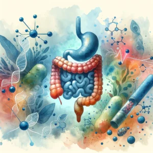 A watercolor depiction illustrating the relationship between gut health and diabetes management, featuring beneficial bacteria and glucose molecules in a soft, harmonious interplay, symbolizing the gentle influence of the microbiome on overall wellness.
