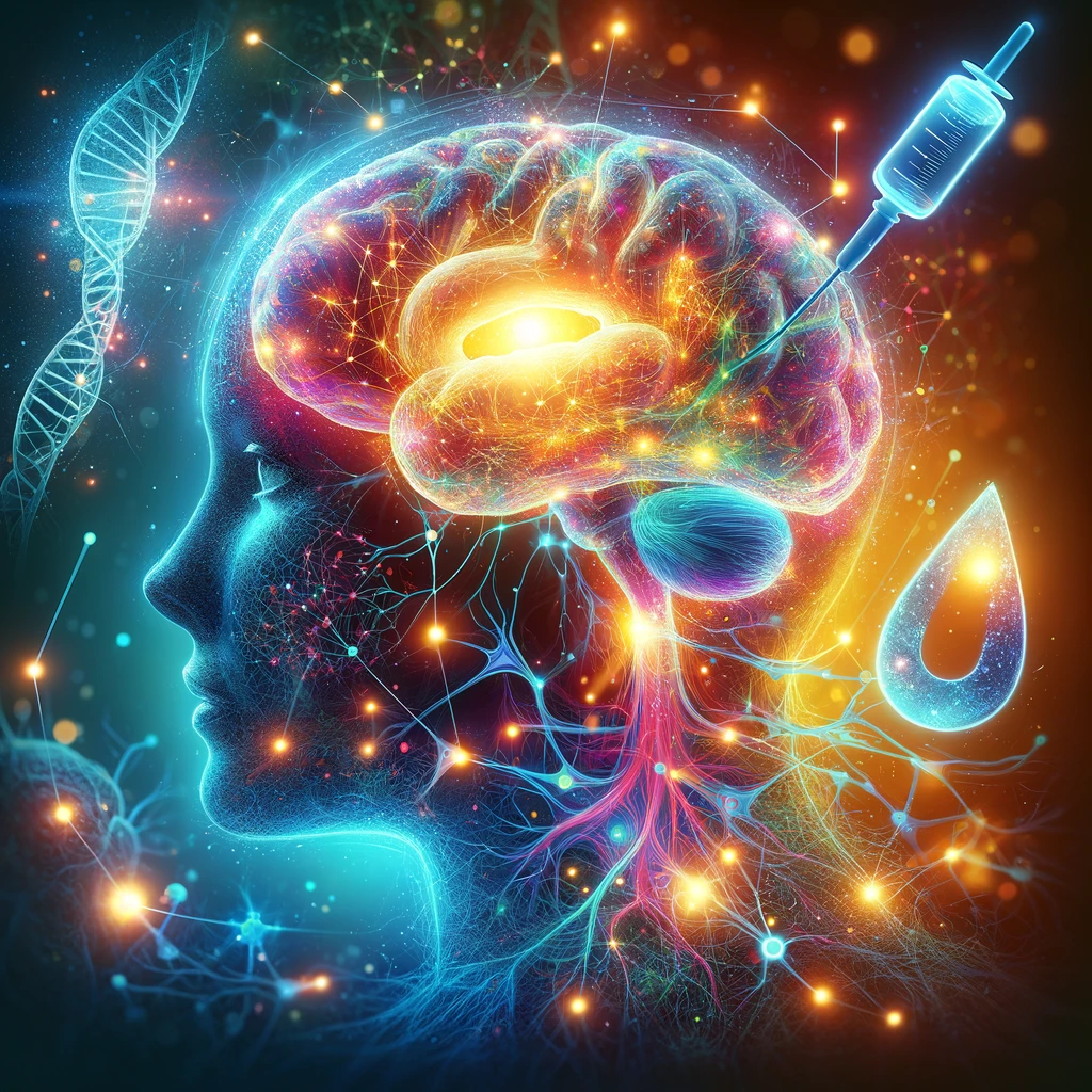 A vibrant illustration depicting the interconnectedness between neural plasticity and insulin resistance, showing a brain with pathways lighting up to symbolize adaptability and learning, alongside subtle hints of insulin molecules and glucose.