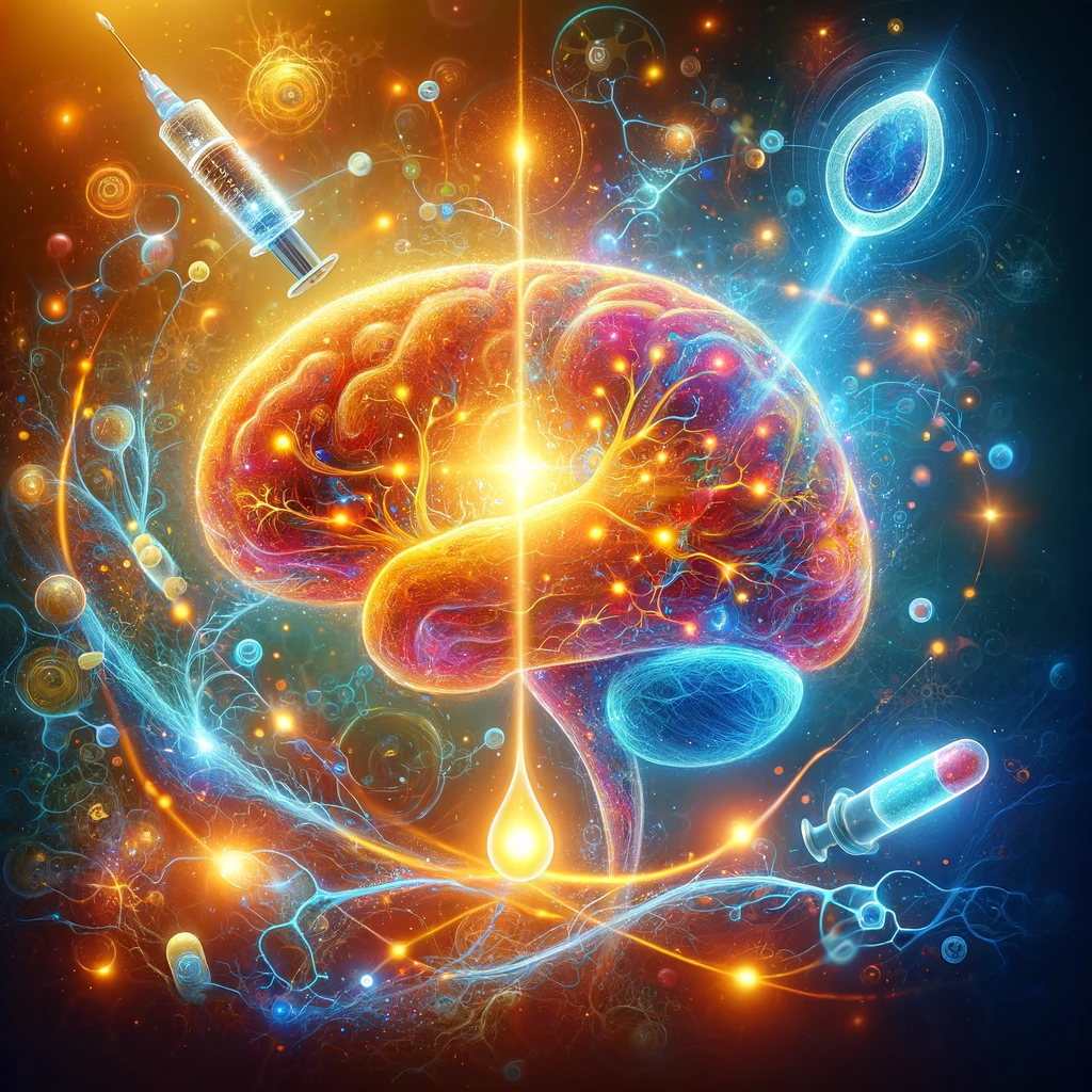 An abstract representation of the brain's adaptability and the impact of insulin resistance on cognitive functions, showcasing a distinct art style with a dynamic interplay of colors and forms.