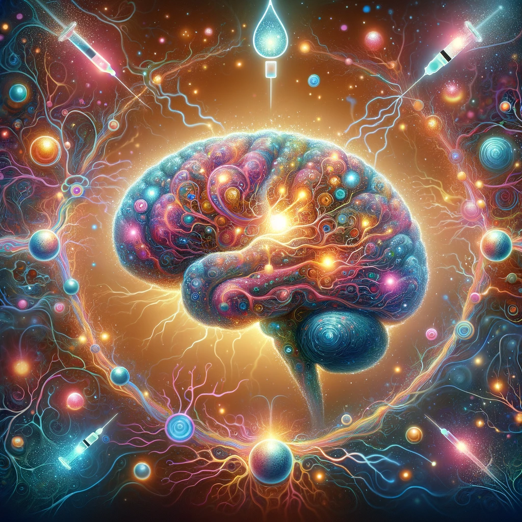 An abstract visualization of the brain's neural plasticity intertwined with insulin resistance, depicted in a vibrant and dynamic art style, showcasing the adaptability and learning capabilities of the brain amidst metabolic challenges.