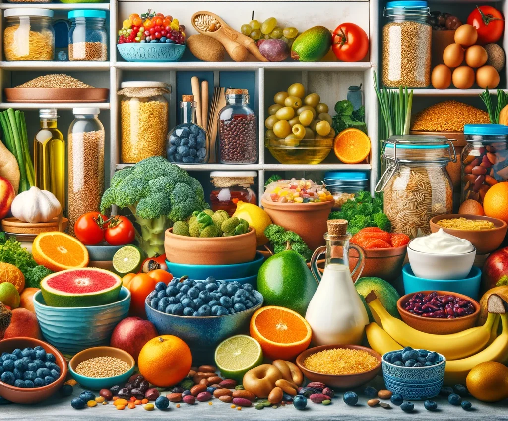 A lively and colorful Mediterranean pantry stocked with fresh fruits, vegetables, whole grains, legumes, olive oil, and Greek yogurt, emphasizing a health-focused, diverse diet.