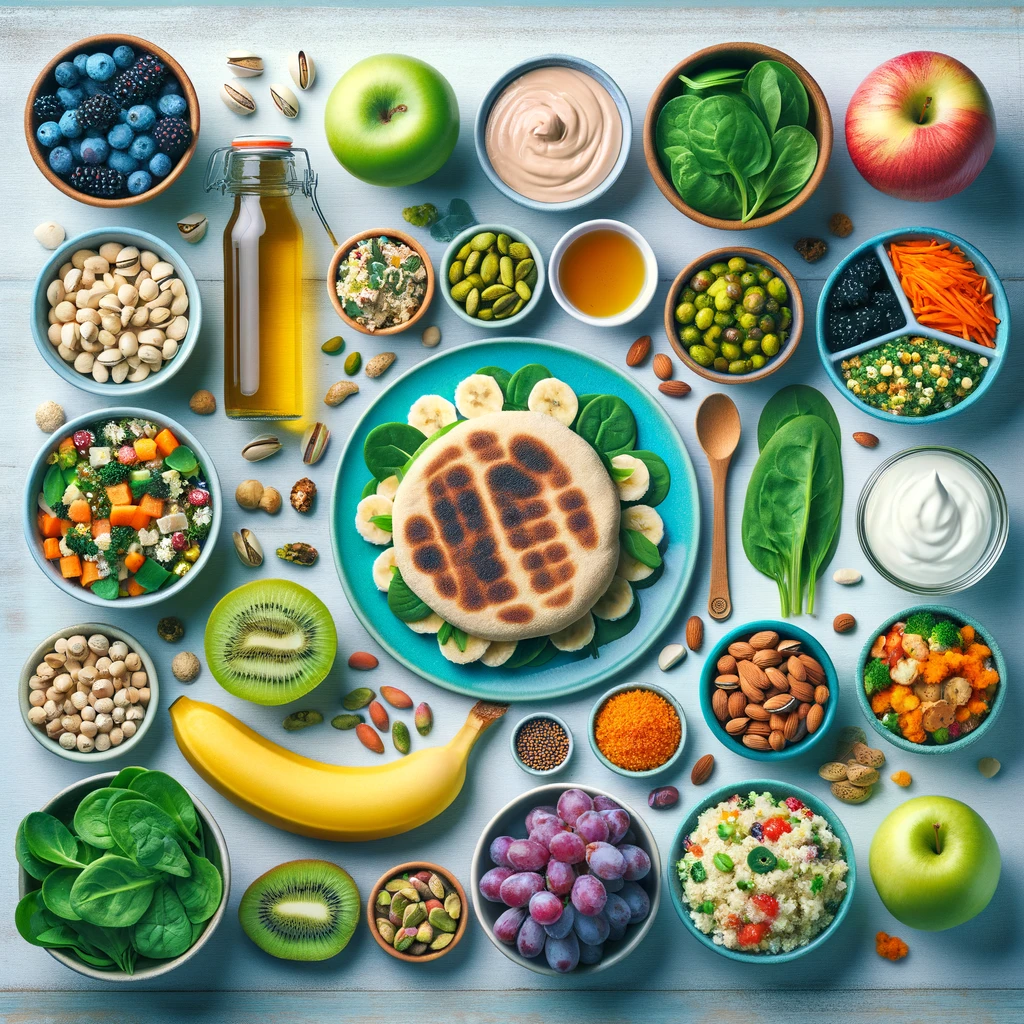 A vibrant display of a two-day Mediterranean diet meal plan including almond butter with banana on English muffin, pistachios, pita with lentil salad, apple slices, vegetable couscous with chickpeas, Greek yogurt with honey and apples, a spinach salad, trail mix, a baked sweet potato, and frozen grapes.