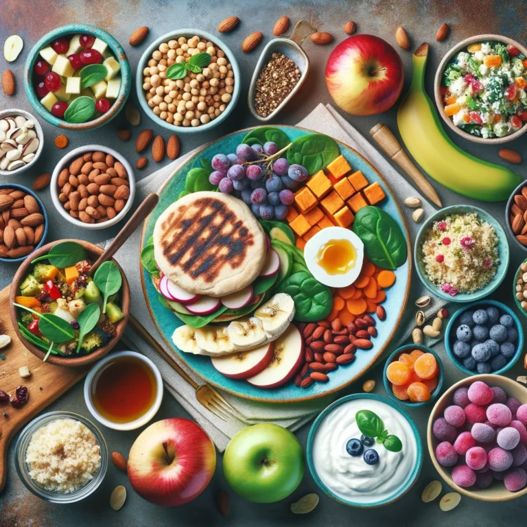 A colorful spread featuring a variety of Mediterranean diet foods for a two-day meal plan, including a grilled English muffin with almond butter and banana, a bowl of pistachios, lentil salad in a pita, apple slices, couscous with veggies and chickpeas, frozen grapes, Greek yogurt with apples and honey, a spinach salad, trail mix, and a baked sweet potato.