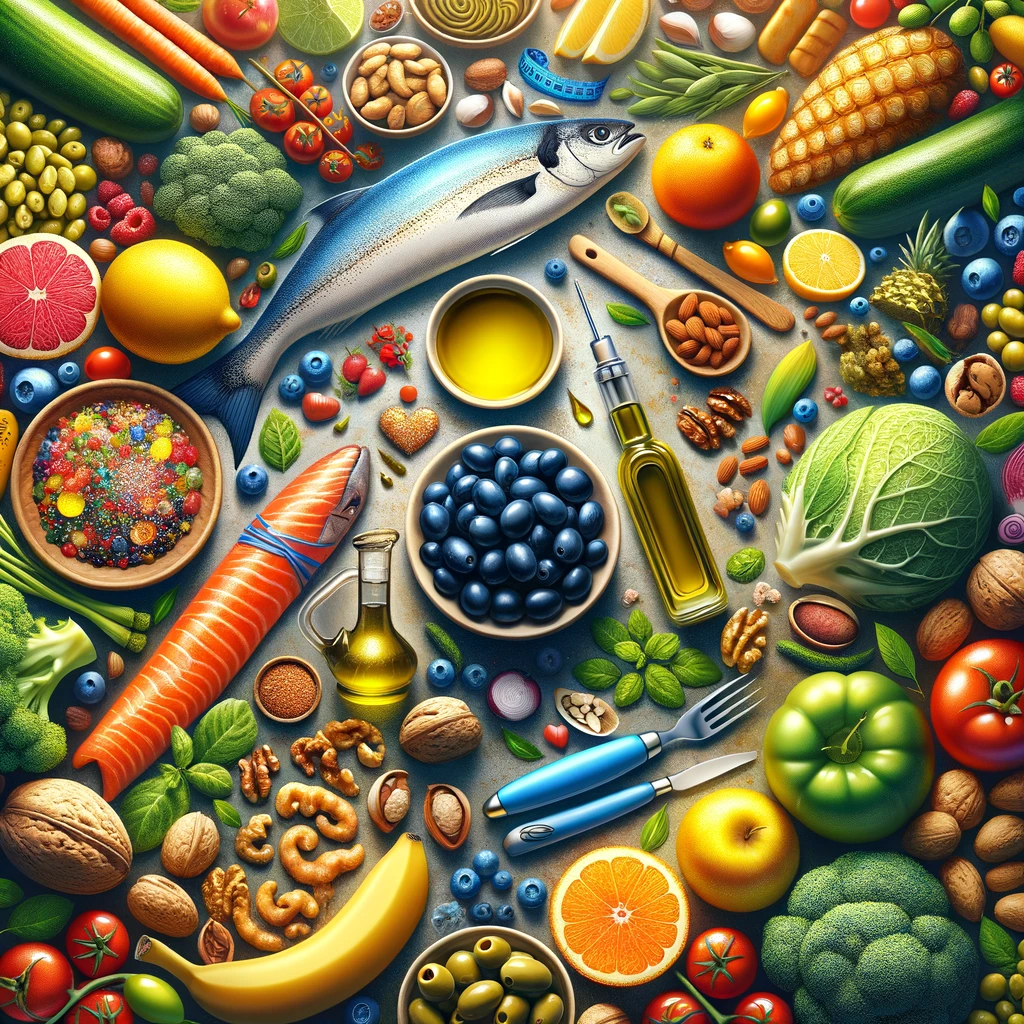 A vibrant cornucopia of Mediterranean foods artistically arranged, depicting fish, fresh vegetables, fruits, nuts, and olive oil, set against a symbolic path that invites viewers on a journey towards a healthy lifestyle.