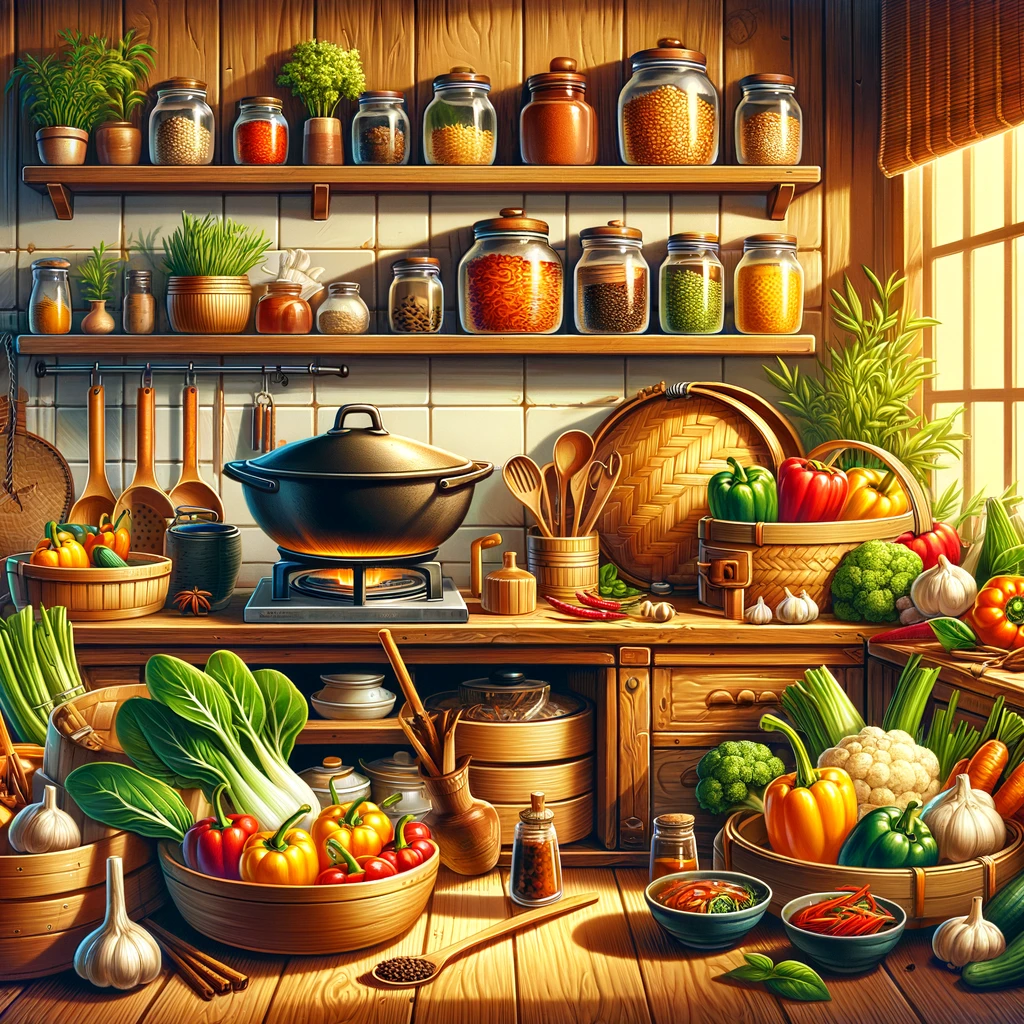 This illustration captures a cozy and inviting Asian kitchen filled with traditional cooking utensils, vibrant vegetables, and spices. The rustic charm of wooden shelves stocked with jars of spices, a bamboo steamer, a clay pot, and a wok on the stove creates a welcoming atmosphere. Fresh herbs, garlic, ginger, and colorful vegetables like bell peppers, bok choy, and mushrooms highlight the essence of mindful and healthy eating in Asian cuisine.