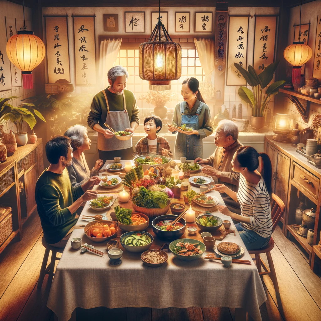 A family enjoys a vibrant Asian meal together in a cozy, warmly lit kitchen, surrounded by traditional decor